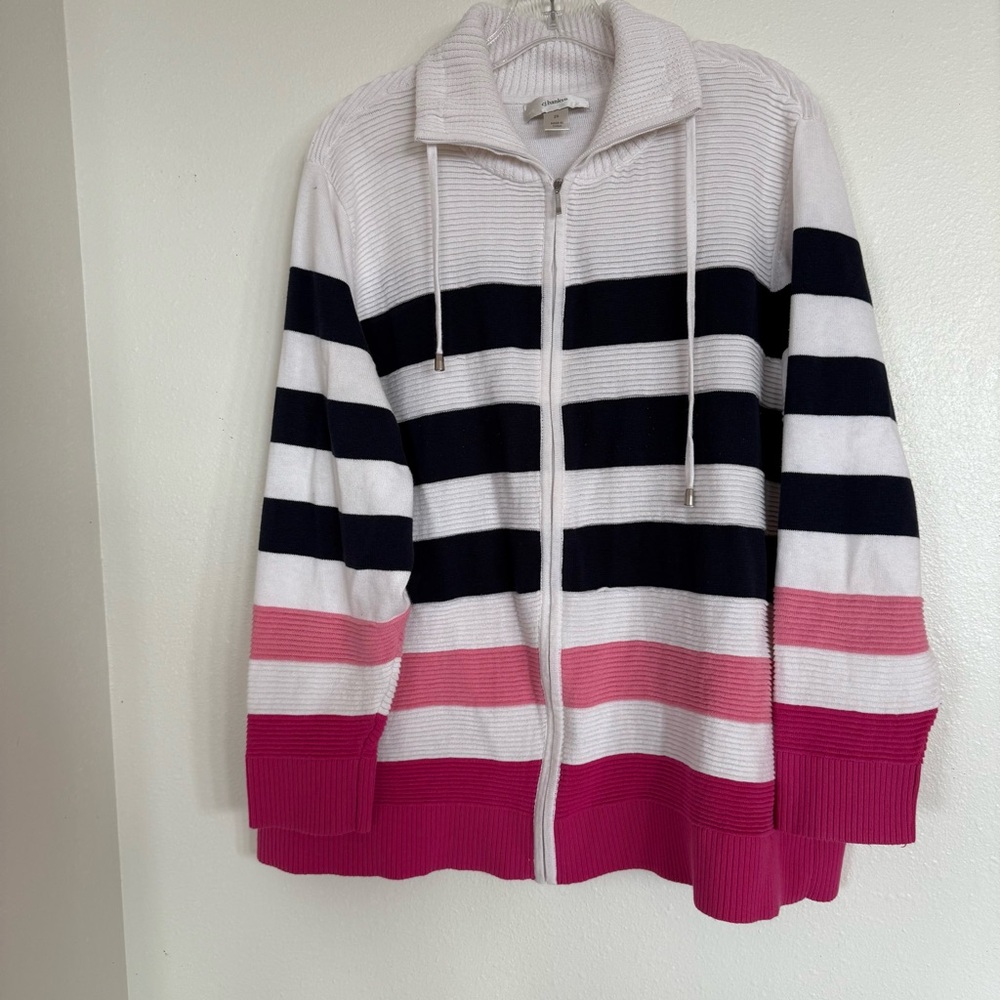Striped Zip-Up Sweater in Pink and Navy Rugby Stripes